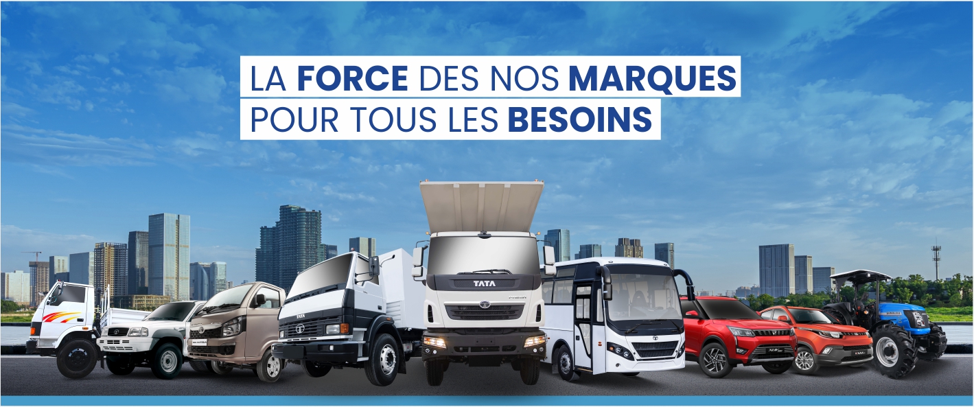Gamme complète de véhicules Tata et Mahindra - camions, bus, pickups, SUV et tracteurs